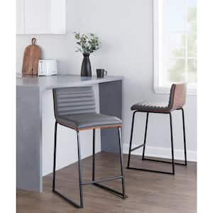 Mason Mara 24.5 in. Grey Faux Leather and Black Metal Fixed-Height Counter Stool with Walnut Wood Seat Back (Set of 2)