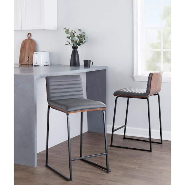 Lumisource Mason Mara 24.5 in. Grey Faux Leather and Black Metal Fixed-Height Counter Stool with Walnut Wood Seat Back (Set of 2)