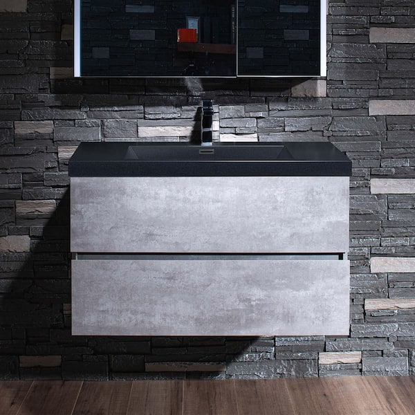 CA 35.4 in. W x 19.6 in. D x 22.5 in. H Single Sink Floating Bath Vanity in Gray with Black Quartz Top