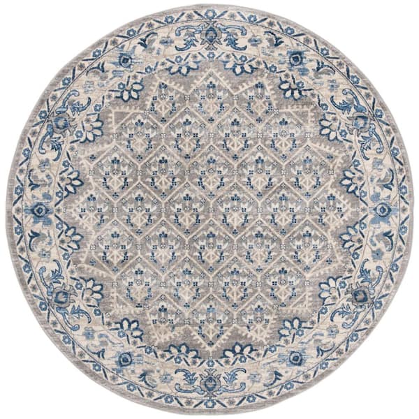 Brentwood 10 ft. x 10 ft. Round Light Gray/Blue Border Multi-Floral Geometric Area Rug