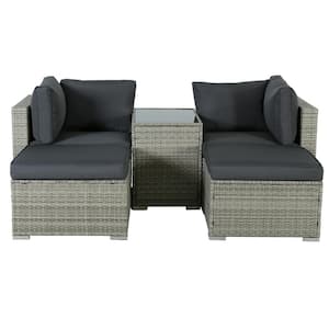 5-Piece Gray Wicker Outdoor Sofa Lounger Set with Gray Cushions