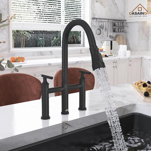 Double Handle Bridge Kitchen Faucet with Three Function Pull-Down Sprayhead in Matte Black