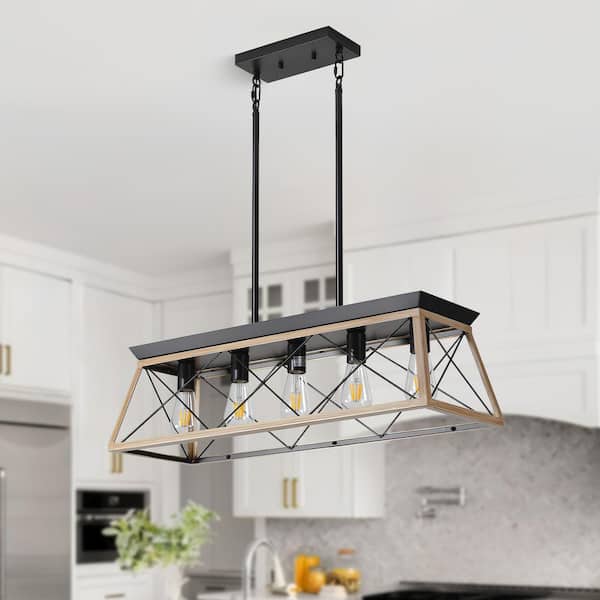 Rustica 5-Light Farmhouse Light Oak Rectangle lsland Chandelier Light