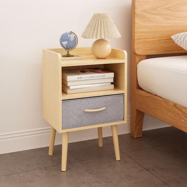 Polibi Modern Wood Storage Nightstand with Collapsible Fabric Drawer for Bedroom, Oak