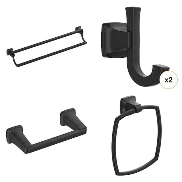 Townsend Matte Black Bath Hardware Set: J-Hook, 24 in. Double Towel Bar, Toilet Paper Holder, Towel Ring (4-Piece)