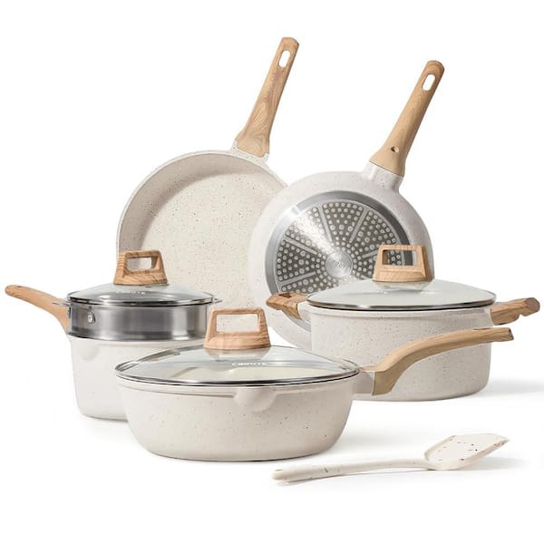 10-Piece Aluminum Granite Nonstick Cookware Set with Lid in White, Pots and Pans Set Nonstick Sets, Natural Elements