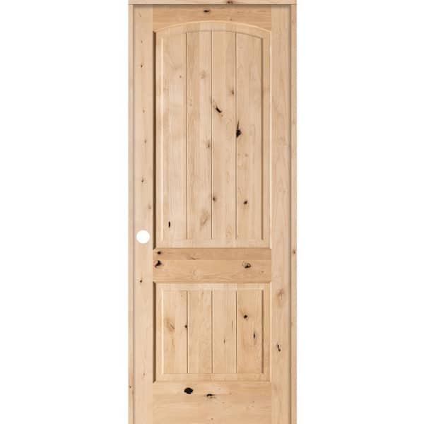 18 in. x 96 in. Knotty Alder 2 Panel Top Rail Arch V-Groove Solid Wood Right-Hand Single Prehung Interior Door