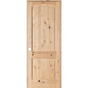 24 in. x 96 in. Knotty Alder 2 Panel Top Rail Arch V-Groove Solid Wood Right-Hand Single Prehung Interior Door