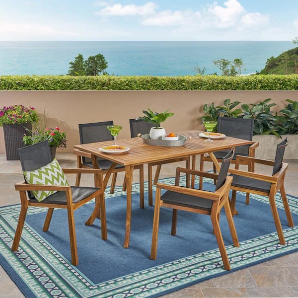 Noble House Shanter Teak Brown 7-Piece Wood Rectangle 30 in. Patio Outdoor Dining Set