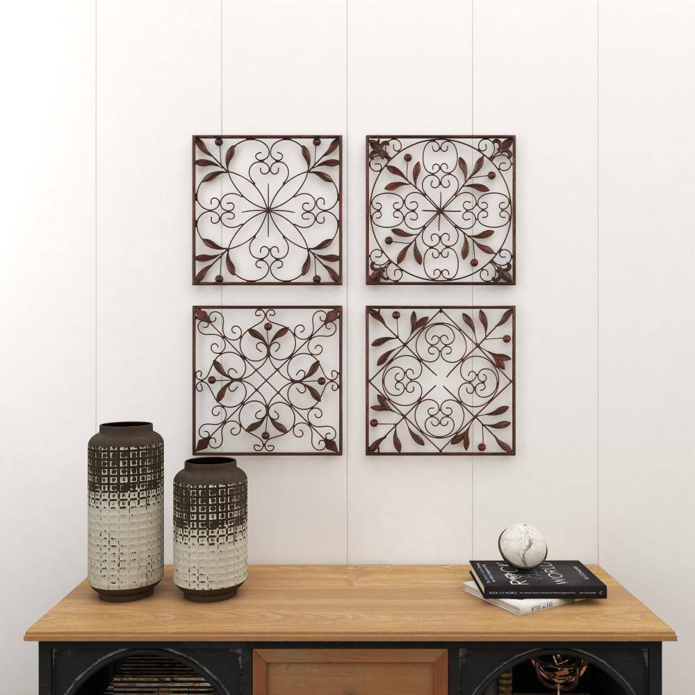 Rustic Brown Metal Scroll Wall Sculpture Set of 4
