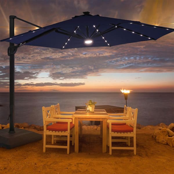 11 Feet LED Patio Cantilever Umbrella With a Base, Aluminum Outdoor Offset Rotation w/Solar Lights, Navy Blue