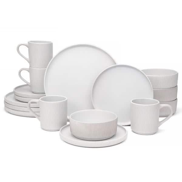 16-Piece White Stoneware Dinnerware Set with Mugs (Service for 4), Unique Handcrafted Reactive Glaze, Scratch Resistant