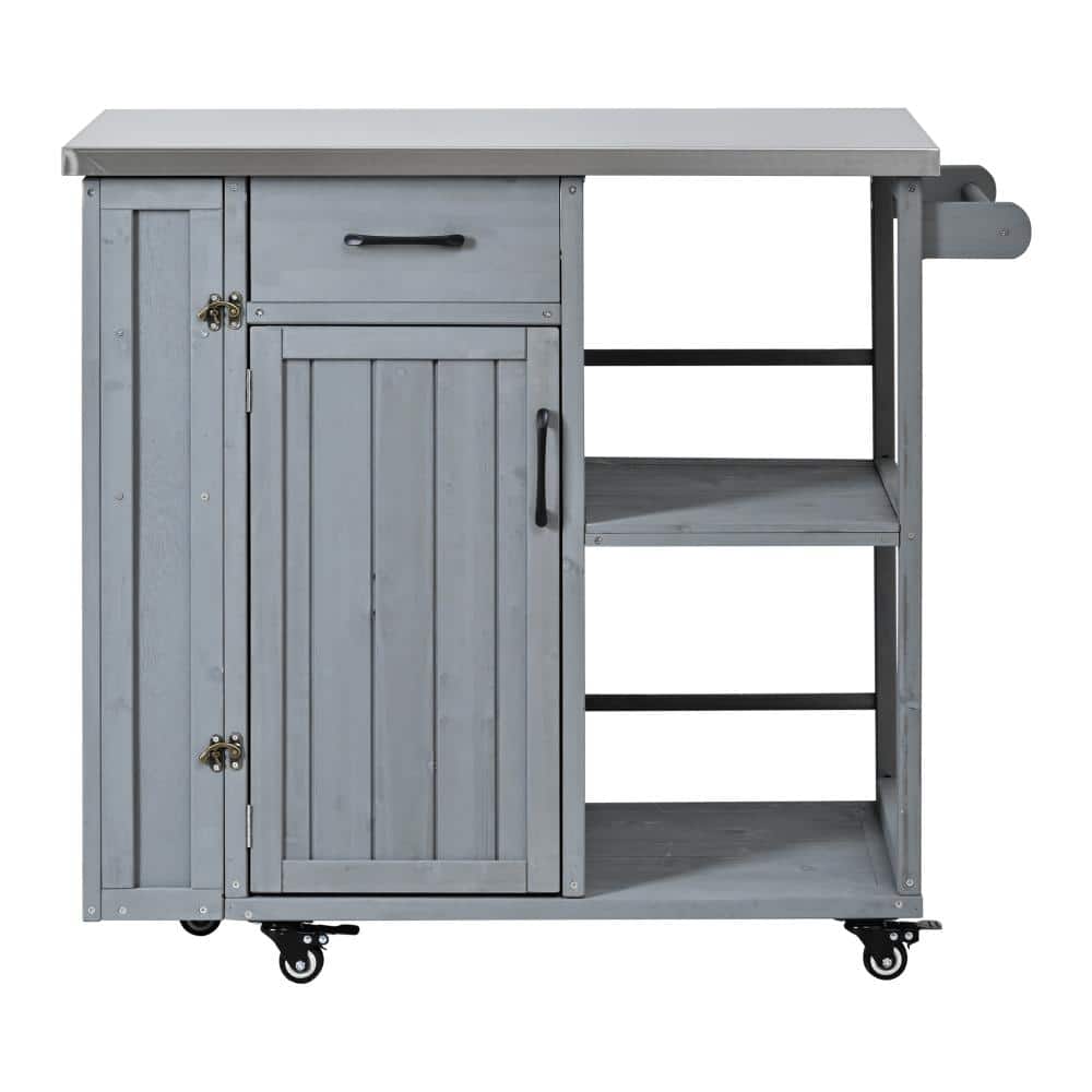 JUJABU Gray Wood Outdoor Kitchen Island, Lockable Kitchen Cart