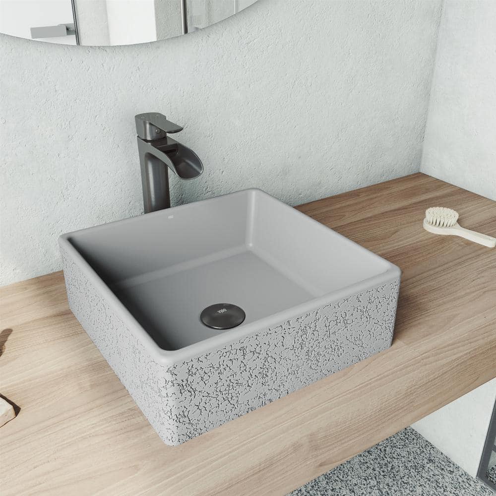 Aster 15" Ash Gray Concrete Square Vessel Bathroom Sink