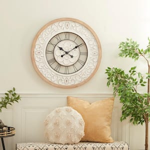 32 in. x 32 in. White Wooden Carved Floral Wall Clock with Black Metal Accents