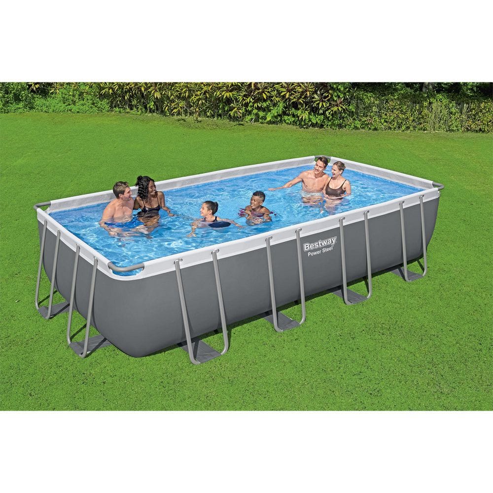 Gray 18ft x 9ft Rectangular Metal Frame Pool Set with Filter Pump