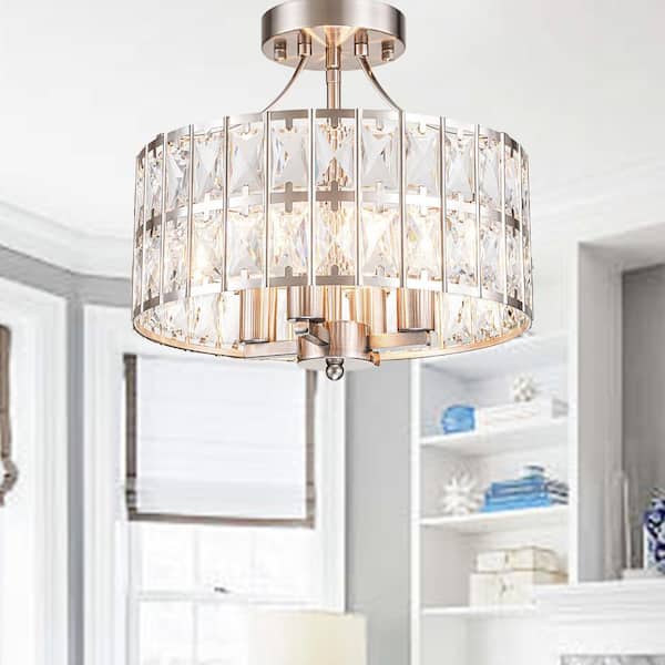 12.6 in. 4-Light Round Nickel Drum Semi Flush Mount Ceiling Light with Clear Crystal Glass with No Bulbs Included