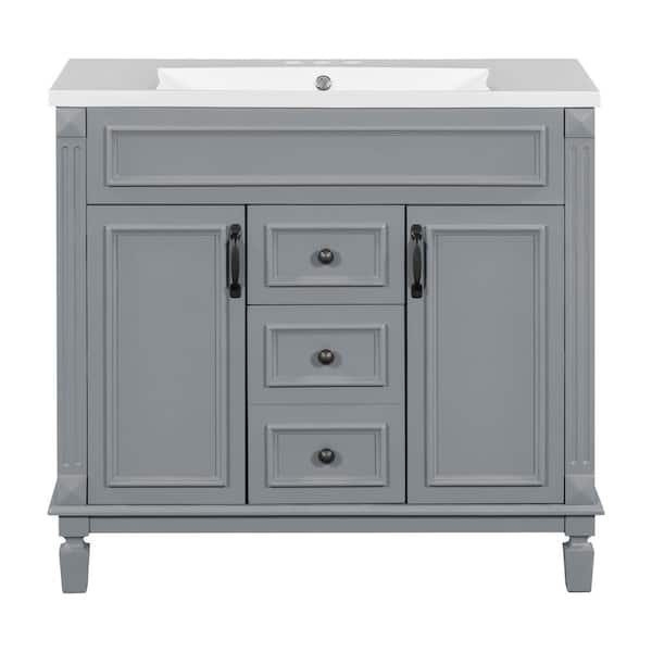 Unbranded 36 in. W x 18 in. D x 34 in. H Freestanding BathVanity in Gray with WhiteCeramic Sink 2-Drawers and Adjustable Shelves