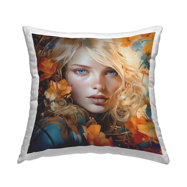 Stupell Industries Girl with Orange Foliage Orange Floral Polyester 18 in. x 18 in. Throw Pillow