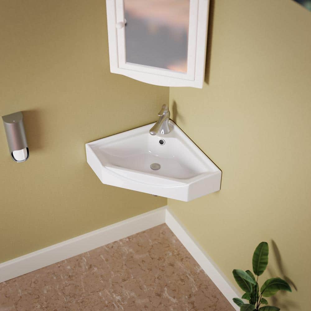Alexander II White Ceramic Corner Wall-Mount Bathroom Sink with Overflow