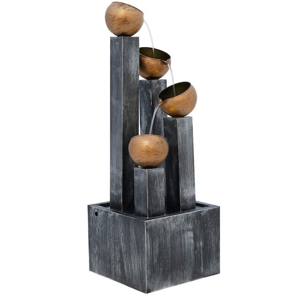 Litton Lane Dark Gray Indoor and Outdoor Whitewashed Elevated Pillar Fountain with Round Copper Pots