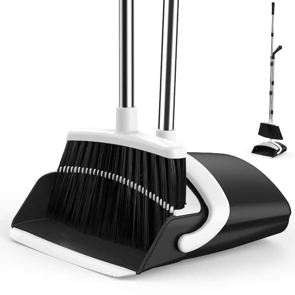 Broom and Dustpan Set, 51-in Long Adjustable Handle Angle Broom and Dustpan Combo Set with Dust Pan Teeth, Black White