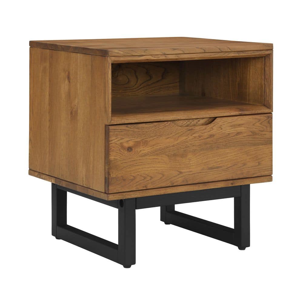 Brown Oak Wood Nightstand with Black Metal Base and Drawer
