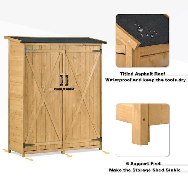 Outsunny Outdoor Storage Cabinet Wooden Garden Shed Utility Tool Organizer  with Waterproof Asphalt Rood, Lockable Doors, 3 Tier Shelves, Natural