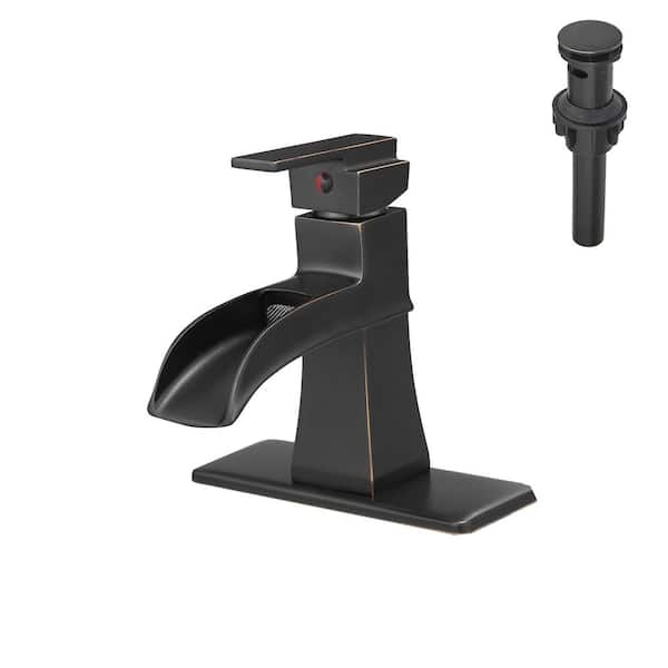 Unbranded Single Hole Single-Handle Low-Arc Bathroom Faucet With Pop-Up Drain Assembly and Waterfall in Oil Rubbed Bronze