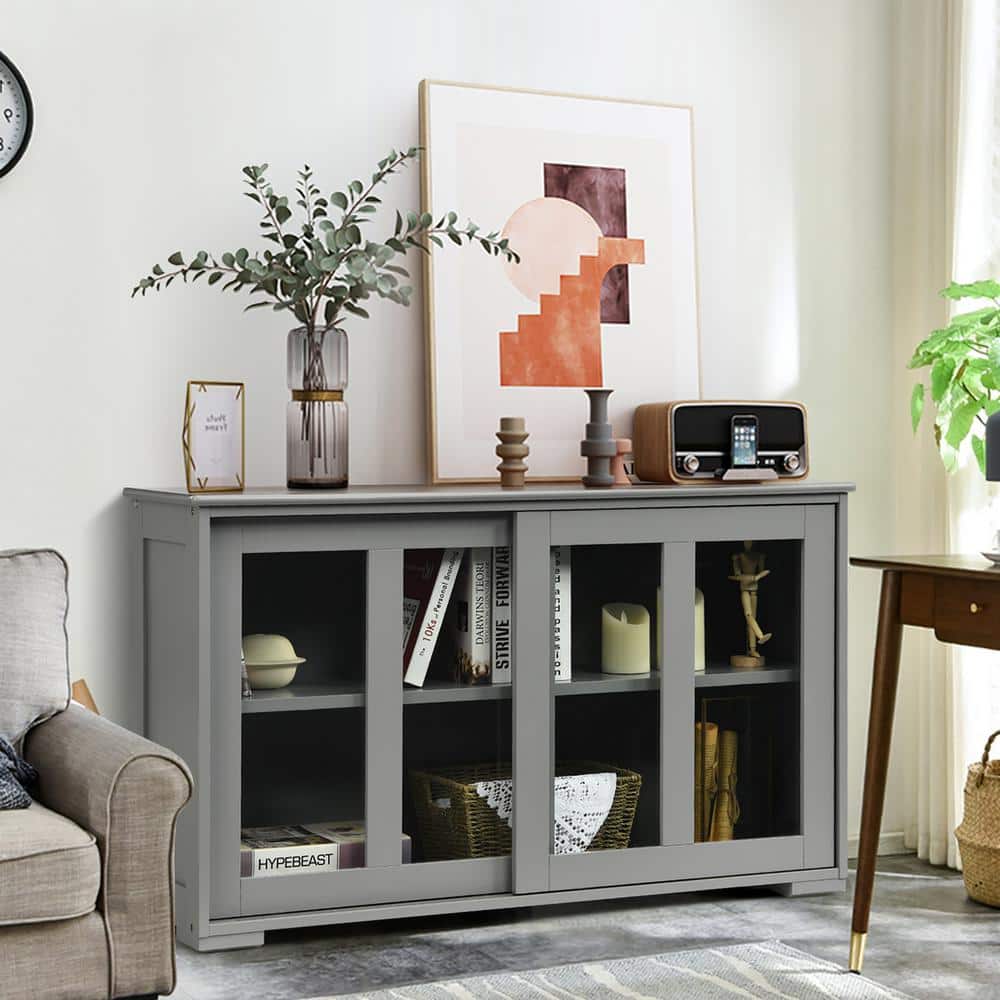 Gray MDF and Glass Sliding Door Kitchen Sideboard Cabinet