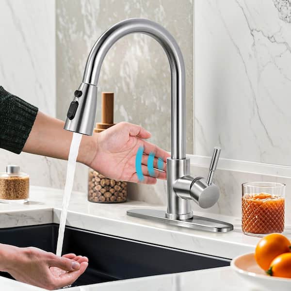 15.3 in. Touchless Sensor Single Handle Pull Down Sprayer Kitchen Faucet with 360° Spout in Stainless Steel Nickel