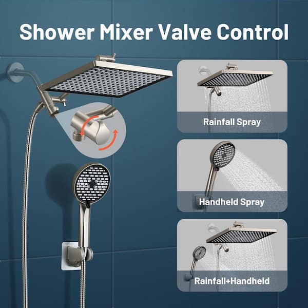 Rainfall Shower Head Combo 6-Spray 12 in. Wall Mount Dual Shower Heads and Handheld Head with 1.8 GPM in Brushed Nickel