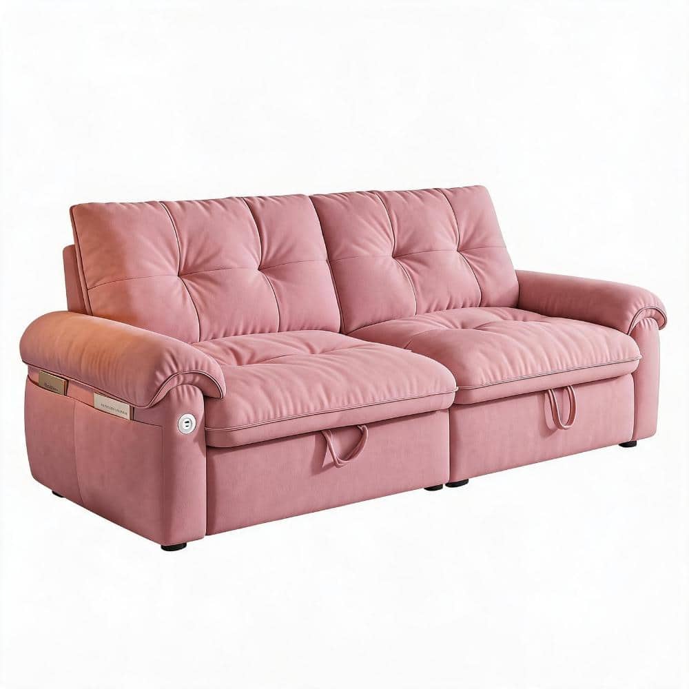 77 in. Pink Plush Fabric Twin Size Sofa Bed with Cloud-Like Comfort, 2-in-1 Convertible Design for Living Room
