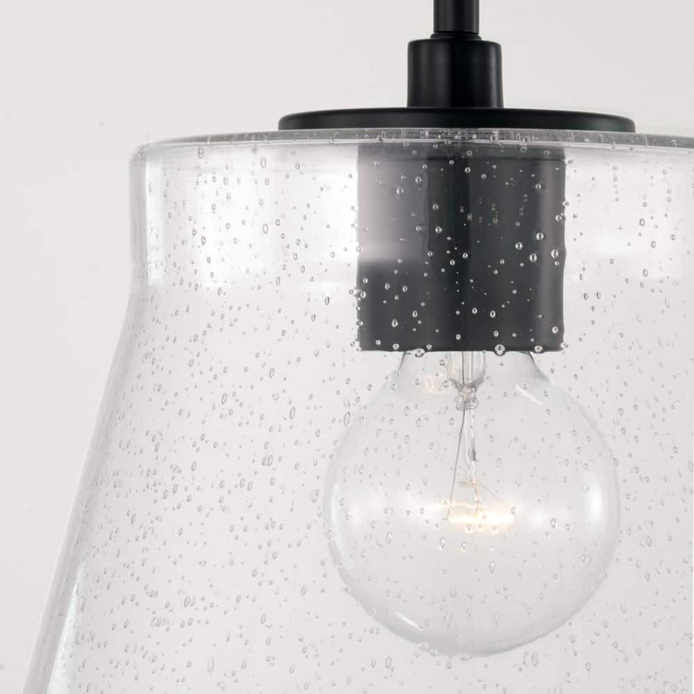 Matte Black Single Pendant Light with Clear Seeded Glass Shade