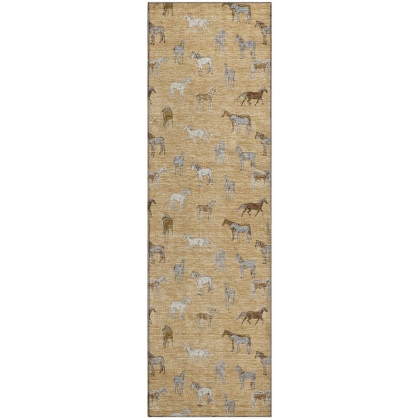 Mayfield Premium Machine Washable Abstract AMF2521 Gold 2 ft. x 7 ft. Runner Rug