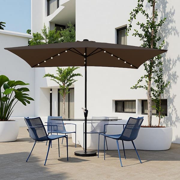 10 ft. x 6.5 ft. Rectangular Aluminum Market Solar LED Lights Push Button Tilt Patio Umbrella in Coffee