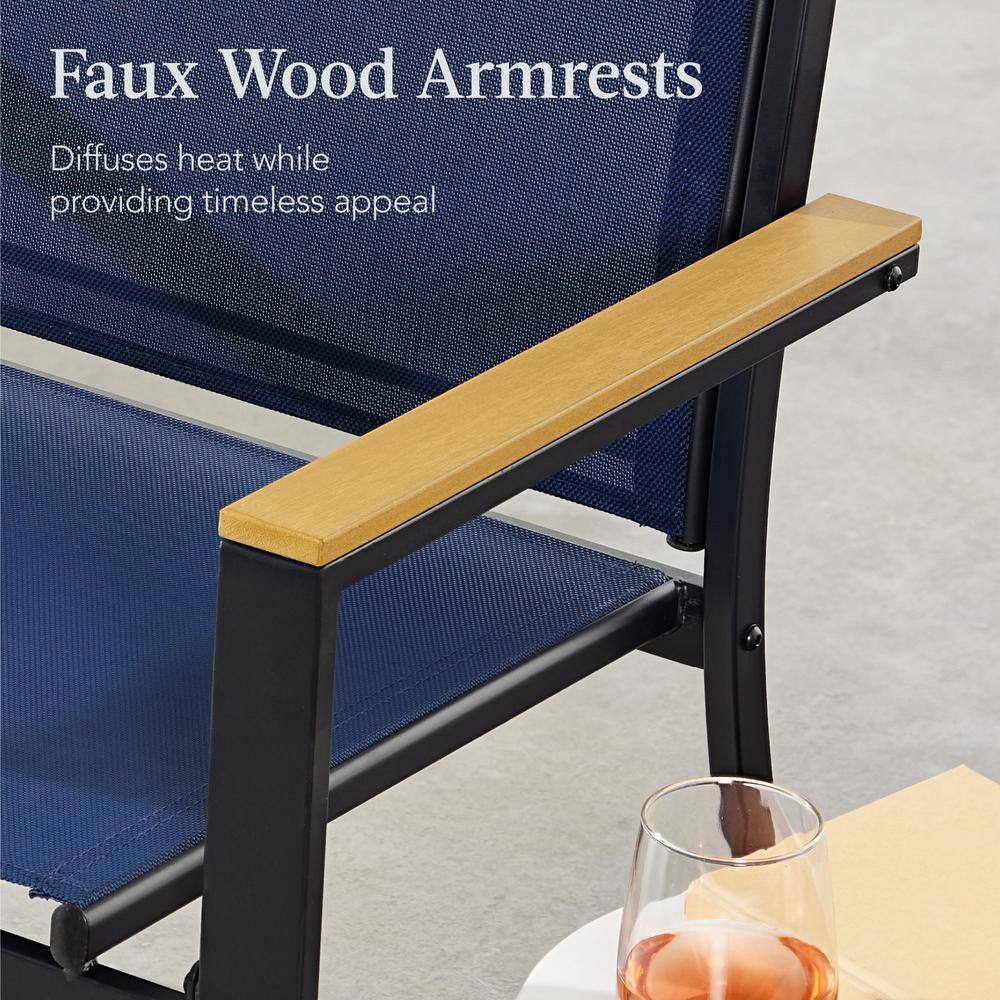 Set of 2 Blue Metal Armchairs with Wooden Armrests