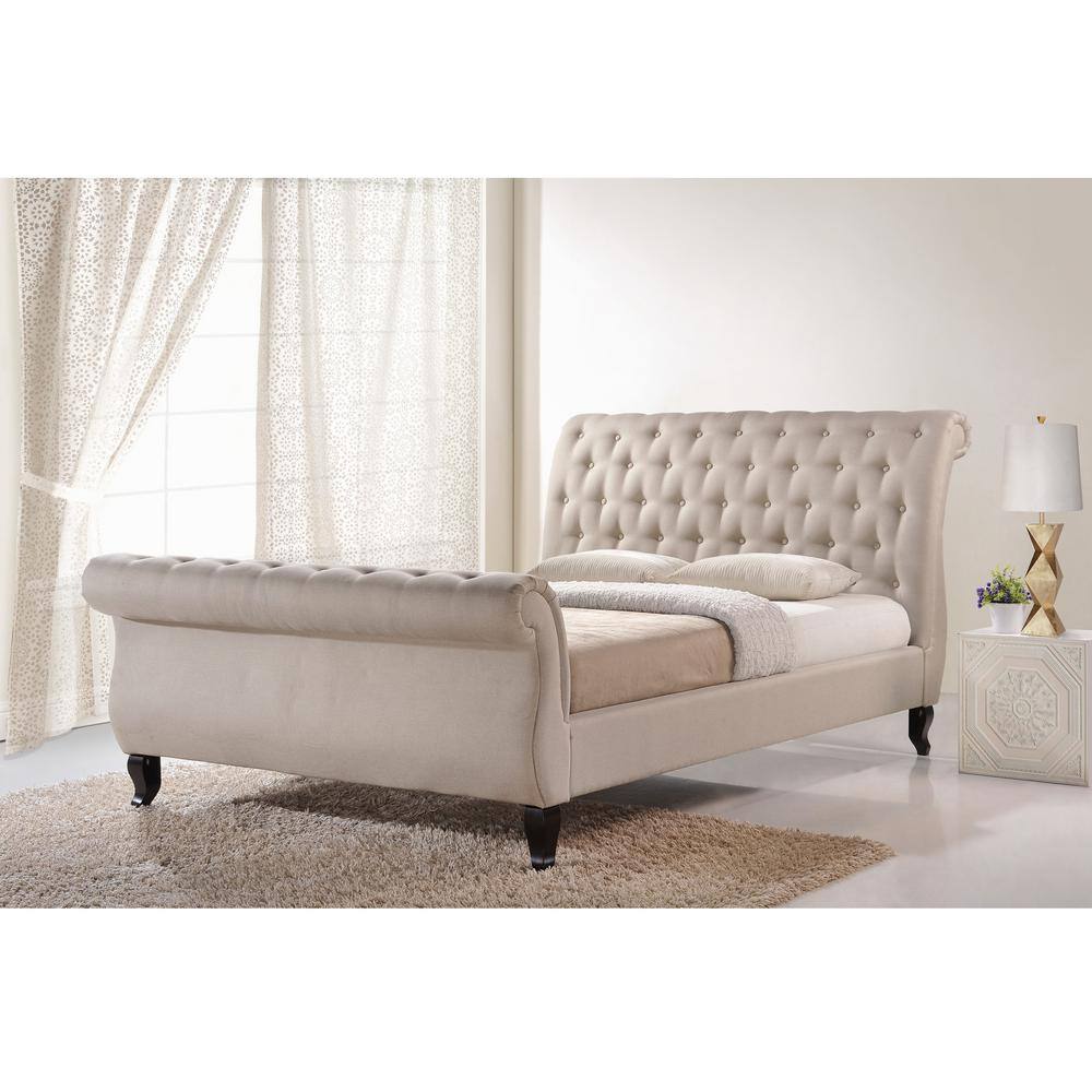 Antoinette Light Beige Polyester King Platform Bed with Dark-Brown Legs