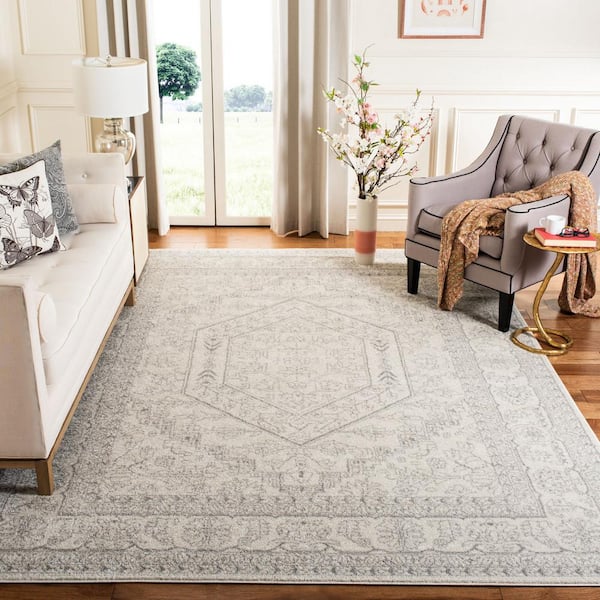 Adirondack Ivory/Silver 10 ft. x 14 ft. Border Medallion Area Rug