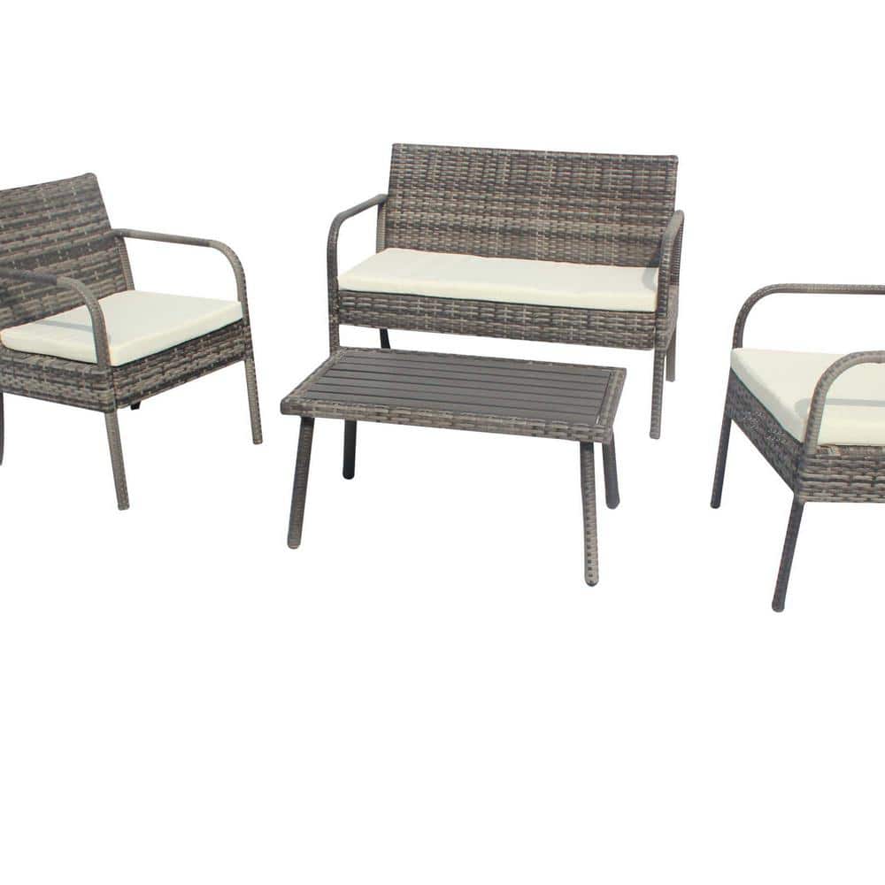 Gray 4-Piece Wicker Metal Outdoor Sectional Set with Beige Cushions