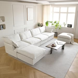 163 in. Flared Arm 6-Piece Linen Modular Sectional Sofa in White