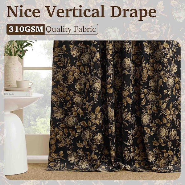 Gold Velvet Floral 52 in. W x 84 in. L Back Tab Blackout Curtain