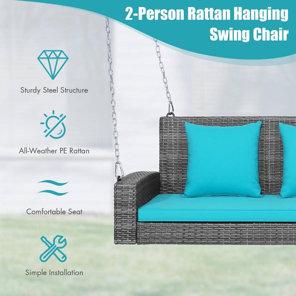 Turquoise Cushioned 2-Person Gray Wicker Patio Porch Swing
