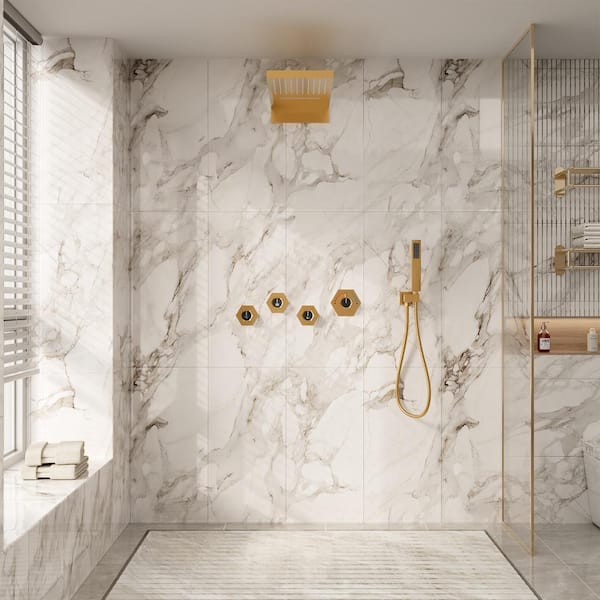 2-Spray 22 in. Flush-Mounted Dual Shower Heads and Handheld Shower Head with 2.5 GPM in Brushed Gold