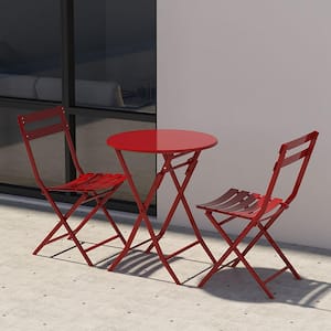 3 Piece Metal Outdoor Bistro Set with Foldable Round Table and Chairs Red