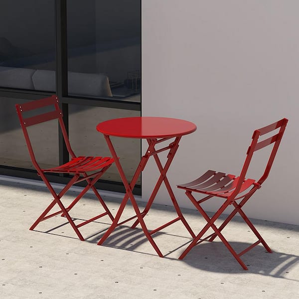 Runesay 3 Piece Metal Outdoor Bistro Set with Foldable Round Table and Chairs Red
