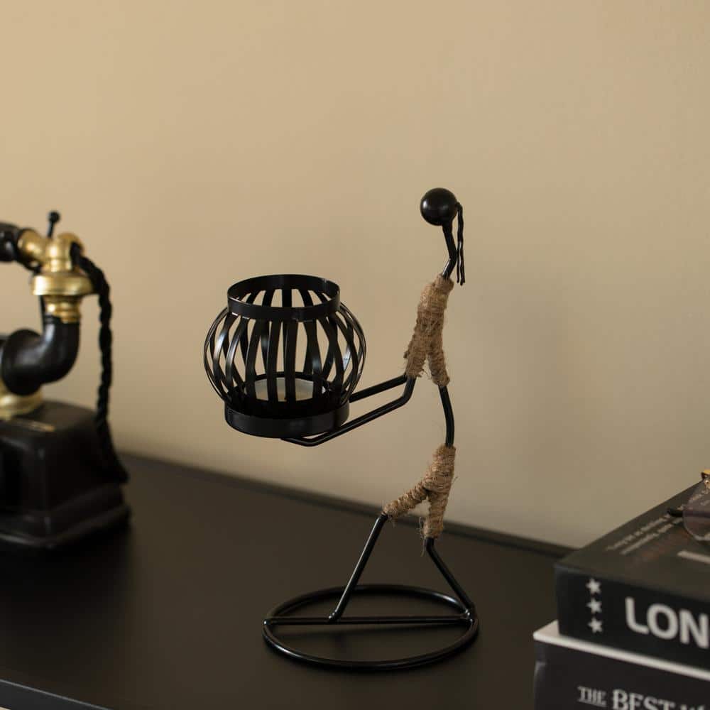 Black Wire Figure Candle Holder with Rope Accents