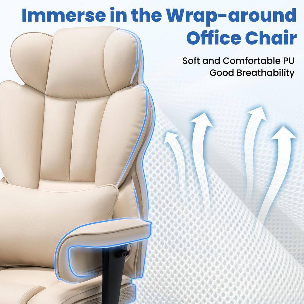 Beige Faux Leather Ergonomic Executive Chair with Adjustable Arms and Metal Base
