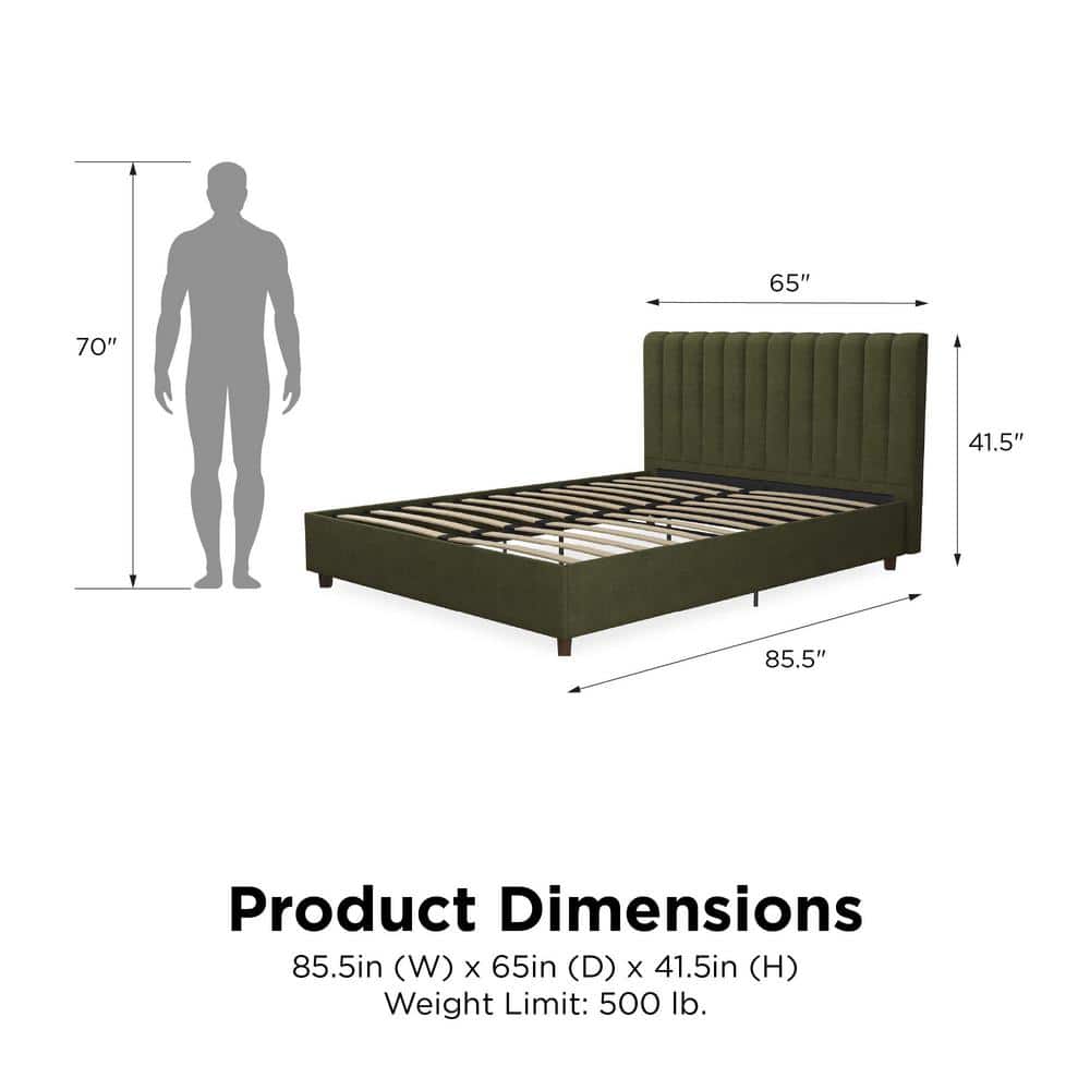 Green Linen Upholstered Queen Platform Bed with Oak Legs