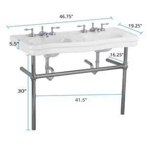 46.75 in. W Console Bathroom Sink Vitreous China Combo in White with Nickel Bistro Legs and Widespread Faucet Holes